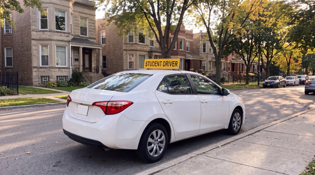 Training car with a student driver sign on a Chicago street